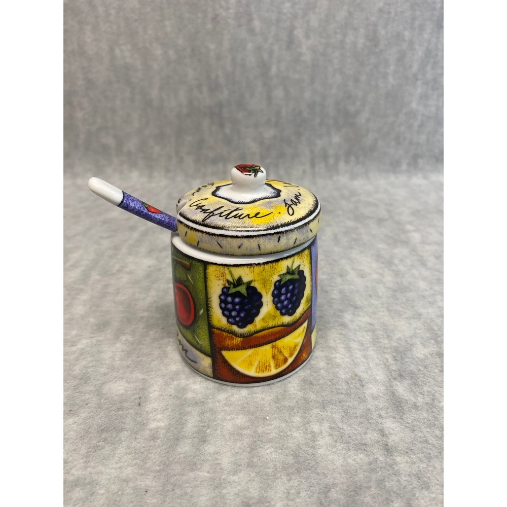 MSC Joie de Vivre Porcelain Jam‎ Jar w/ Lid and Spoon Confiture Fruit Design